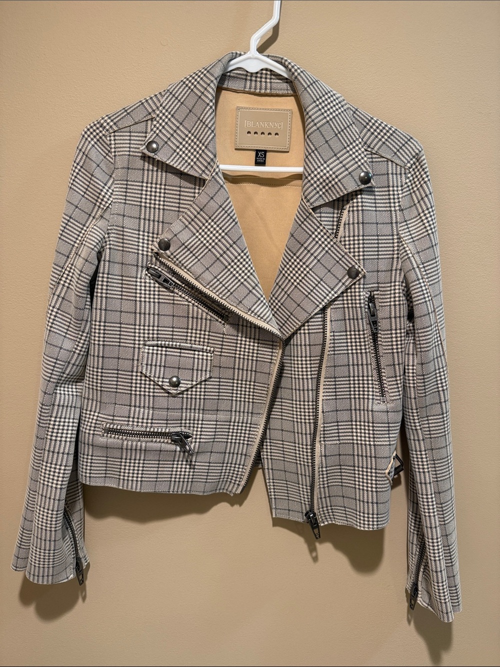 Blank NYC Plaid Moto Jacket in Beige and Grey